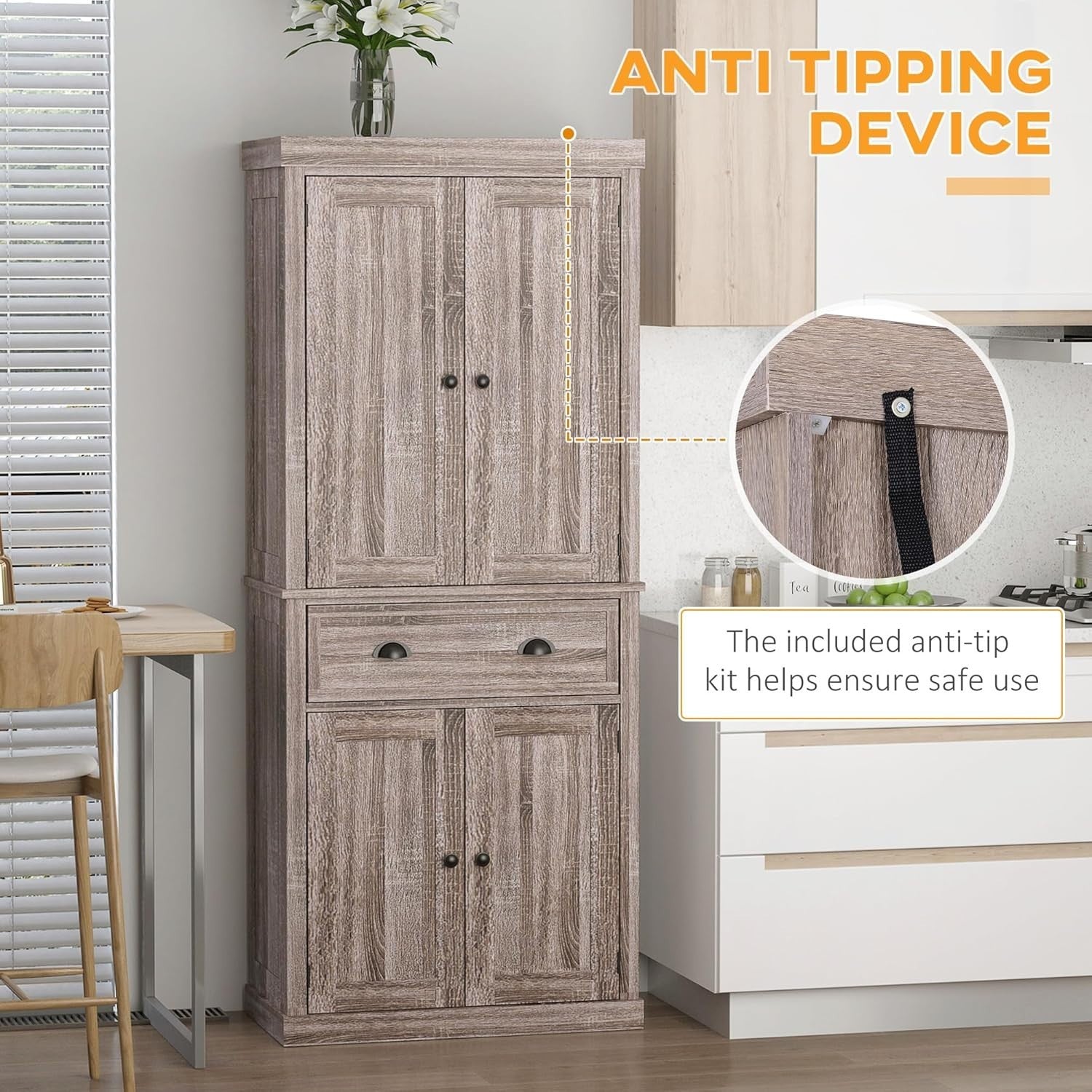 Dark Wood Tall Kitchen Cupboard 184cm Pantry Storage Cabinet Shelves