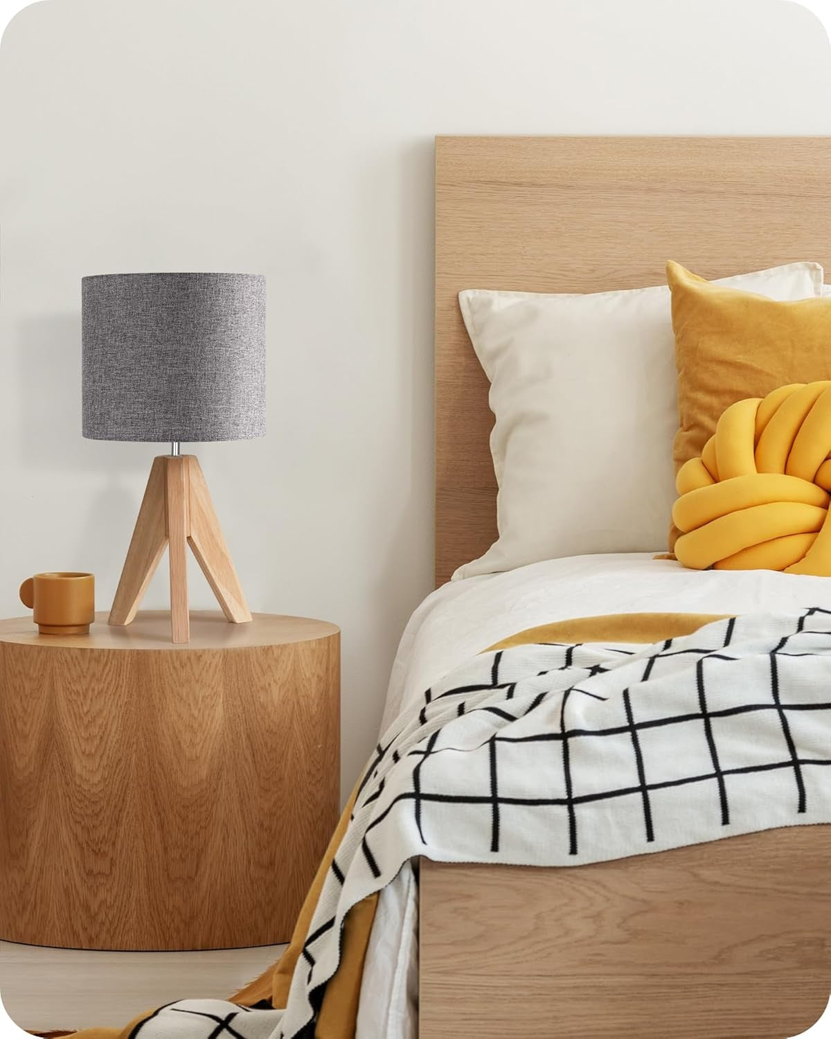 Tripod Bedside Table  Grey Linen Shade Wooden Base Modern Desk Light 36cm