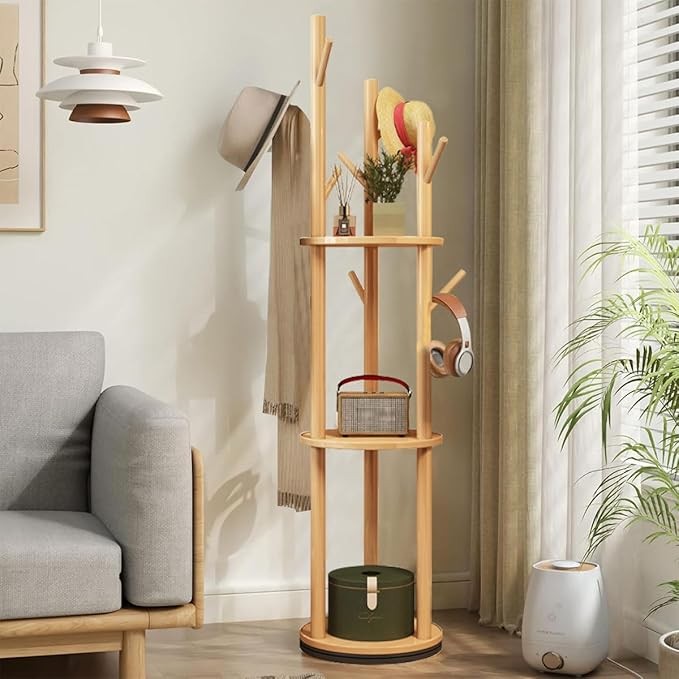 Rotating Coat Rack Stand 165cm Hall Tree with Storage Shelves Light Wood