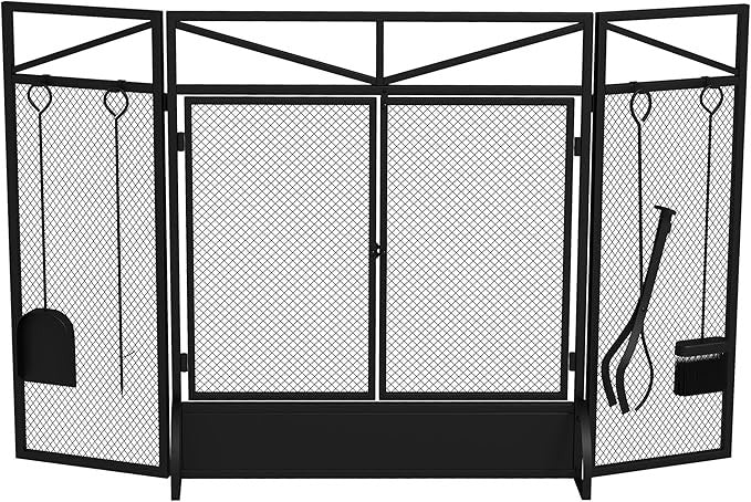 3 Panel Black Fire Guard Screen 122x77cm Folding Mesh Spark Protector with Tools