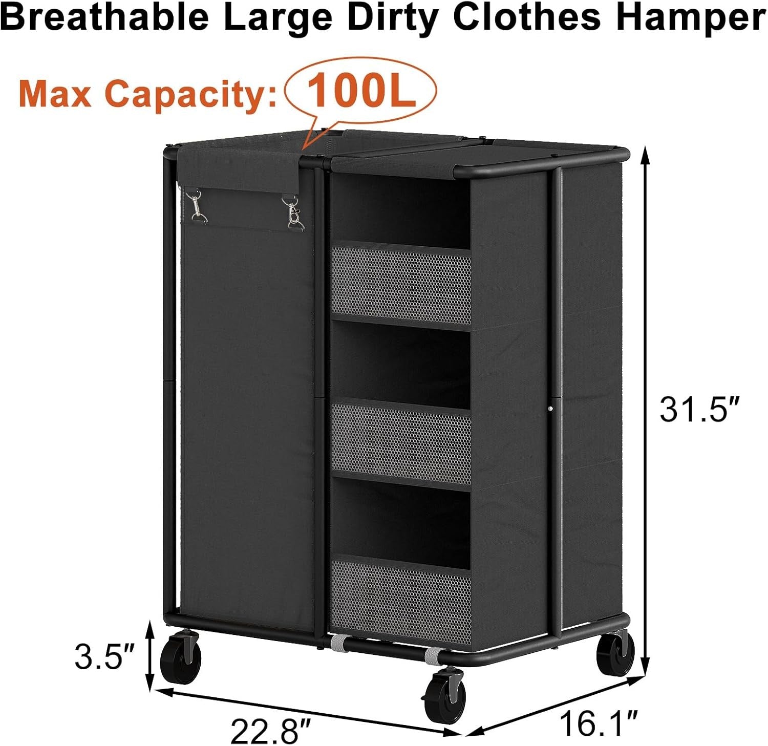100L Rolling Laundry Sorter with Wheels Hanging Bag & Storage Shelves Black