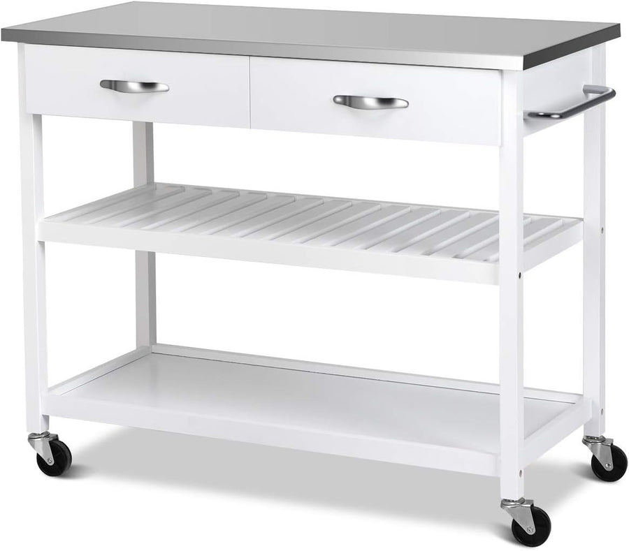 Kitchen Storage Trolley with Stainless Steel Top & 2 Drawers White 116x53cm
