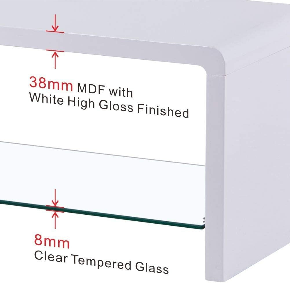 High Gloss White Coffee Table with Glass Shelf 100x45x45cm Modern Design