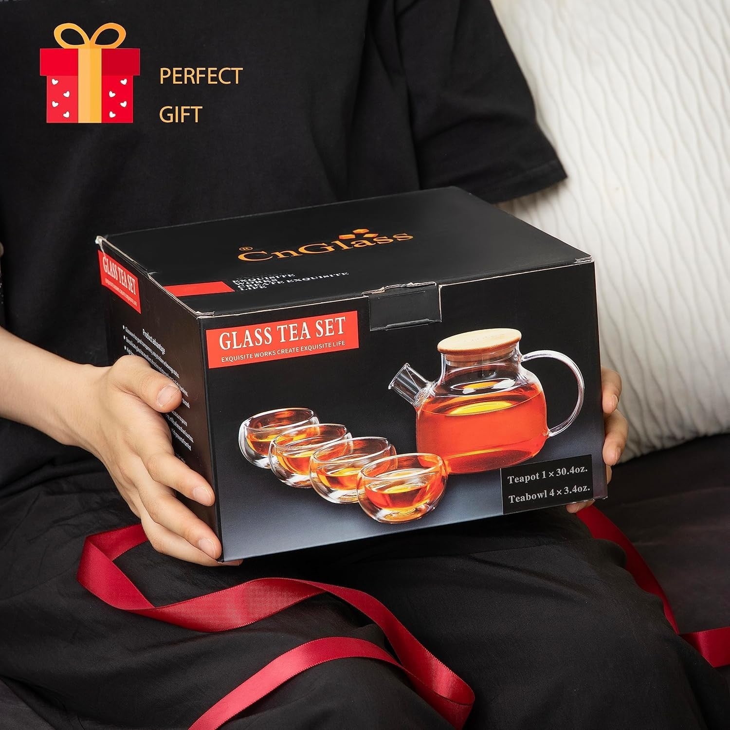 900ml Glass Teapot Set with 4 Double Wall Cups Stovetop Safe Tea Maker