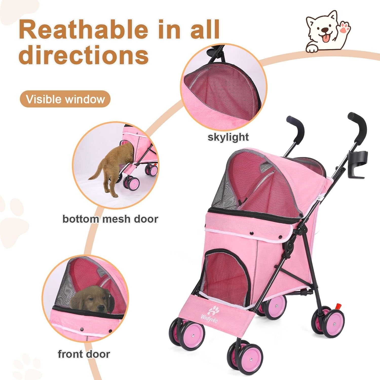 3 in 1 Pet Stroller Folding Dog Cat Pushchair 4 Wheel Travel Pram