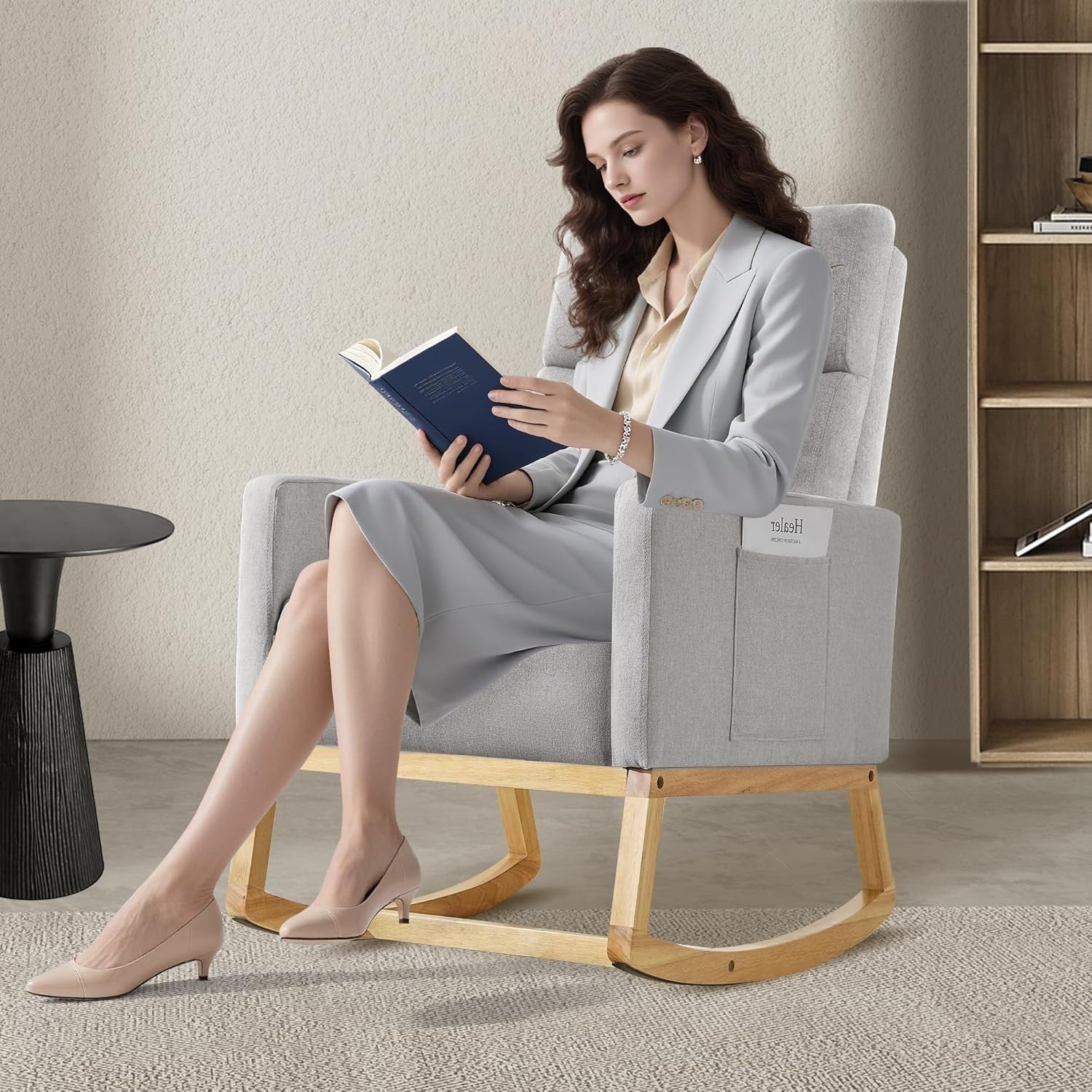 Ergonomic High Back Nursing Rocker with Side Storage & Sturdy Wooden Base