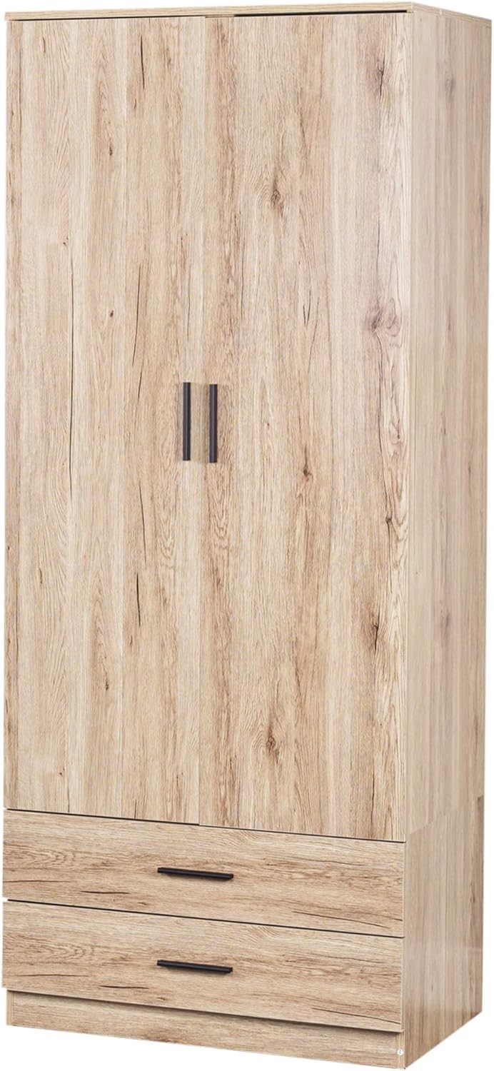Modern Oak 2 Door Wardrobe with Drawers | Bedroom Storage & Hanging Rail