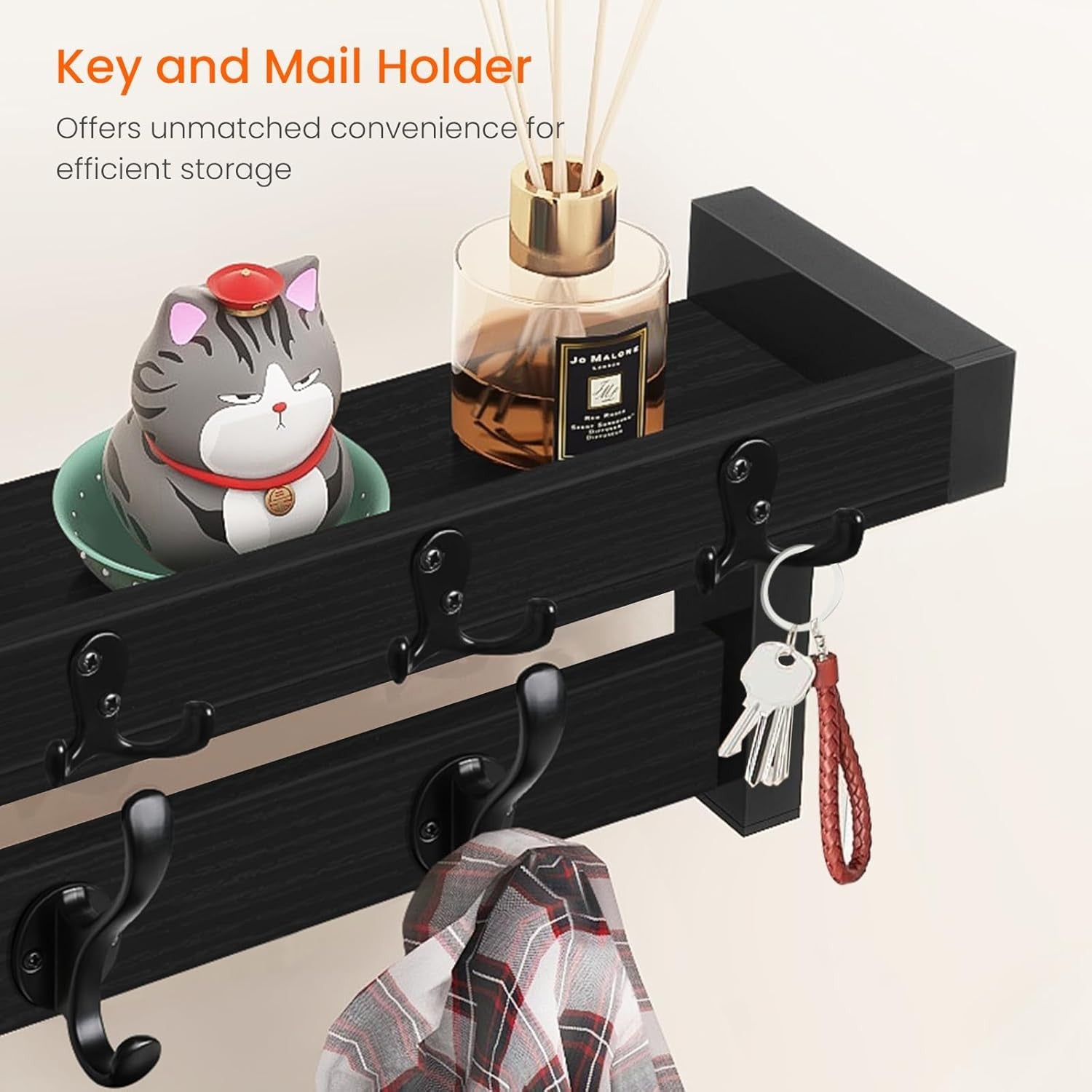 Black Wall Coat Rack 29" Wood Shelf with Hooks & Key Holder Entryway Organizer