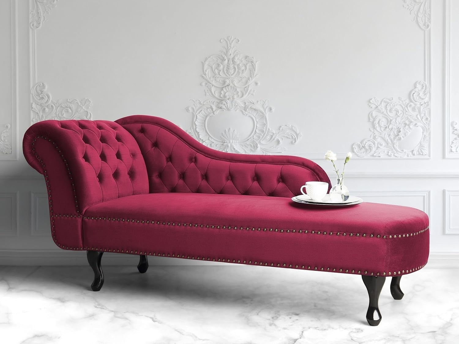 Velvet Left Hand Chaise Lounge Sofa Chesterfield Style Burgundy Tufted