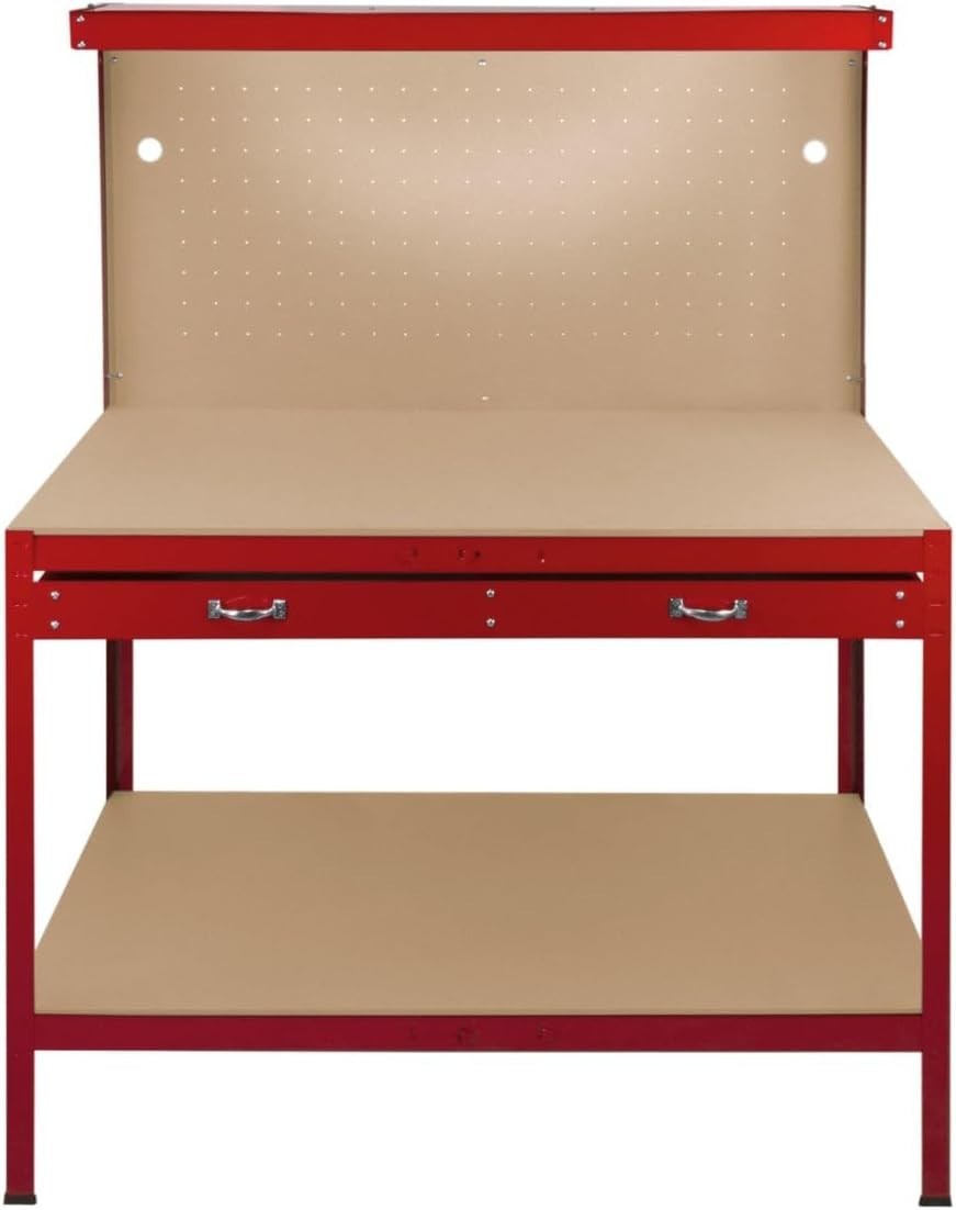 Red Garage Workbench Steel Pegboard Drawer LED Light 370kg Tool Station