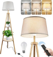 Wood Tripod Floor Lamp Dimmable LED with Shelves Remote Control Standing Light