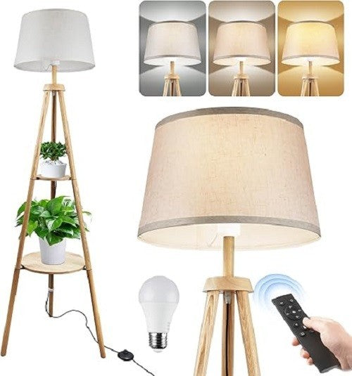 Wood Tripod Floor Lamp Dimmable LED with Shelves Remote Control Standing Light