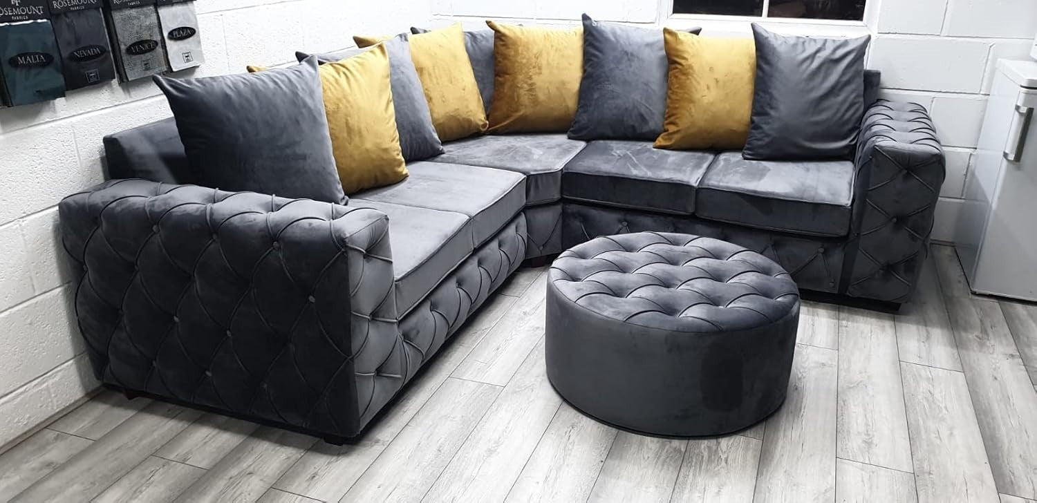 Luxury Velvet 5 Seater Corner Sofa Bed – Plush Grey Chesterfield Style