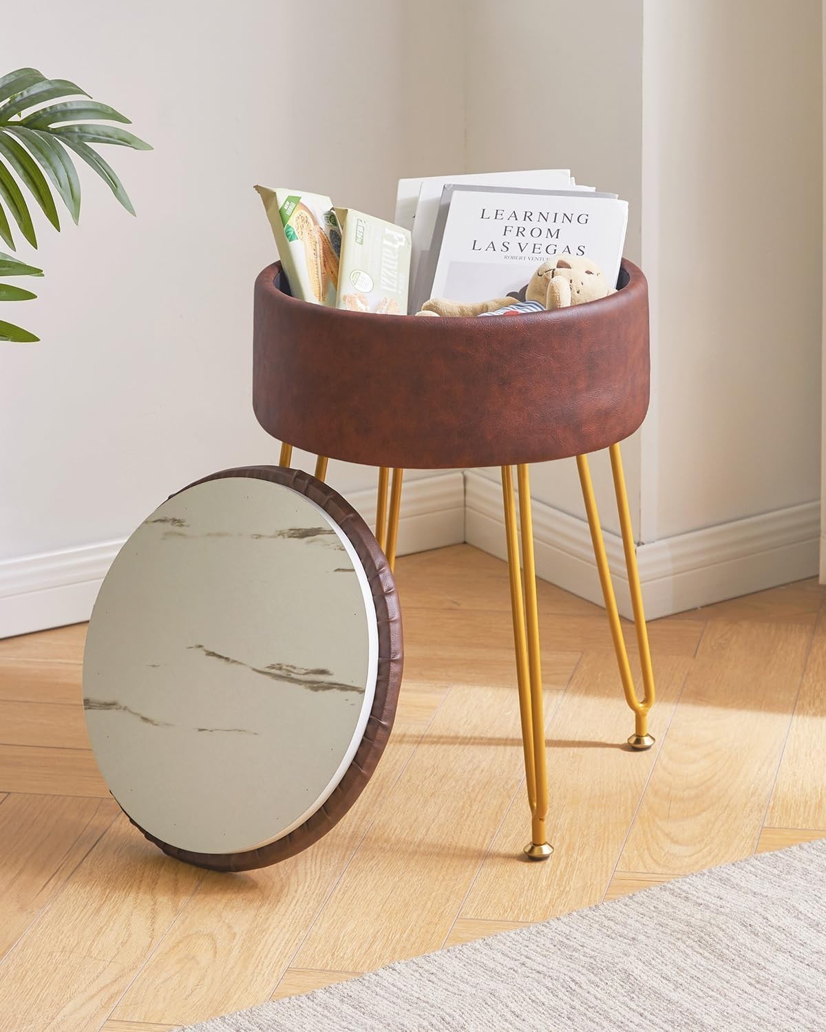 Dark Brown Faux Leather Round Storage Footstool – Vanity Stool with Gold Legs