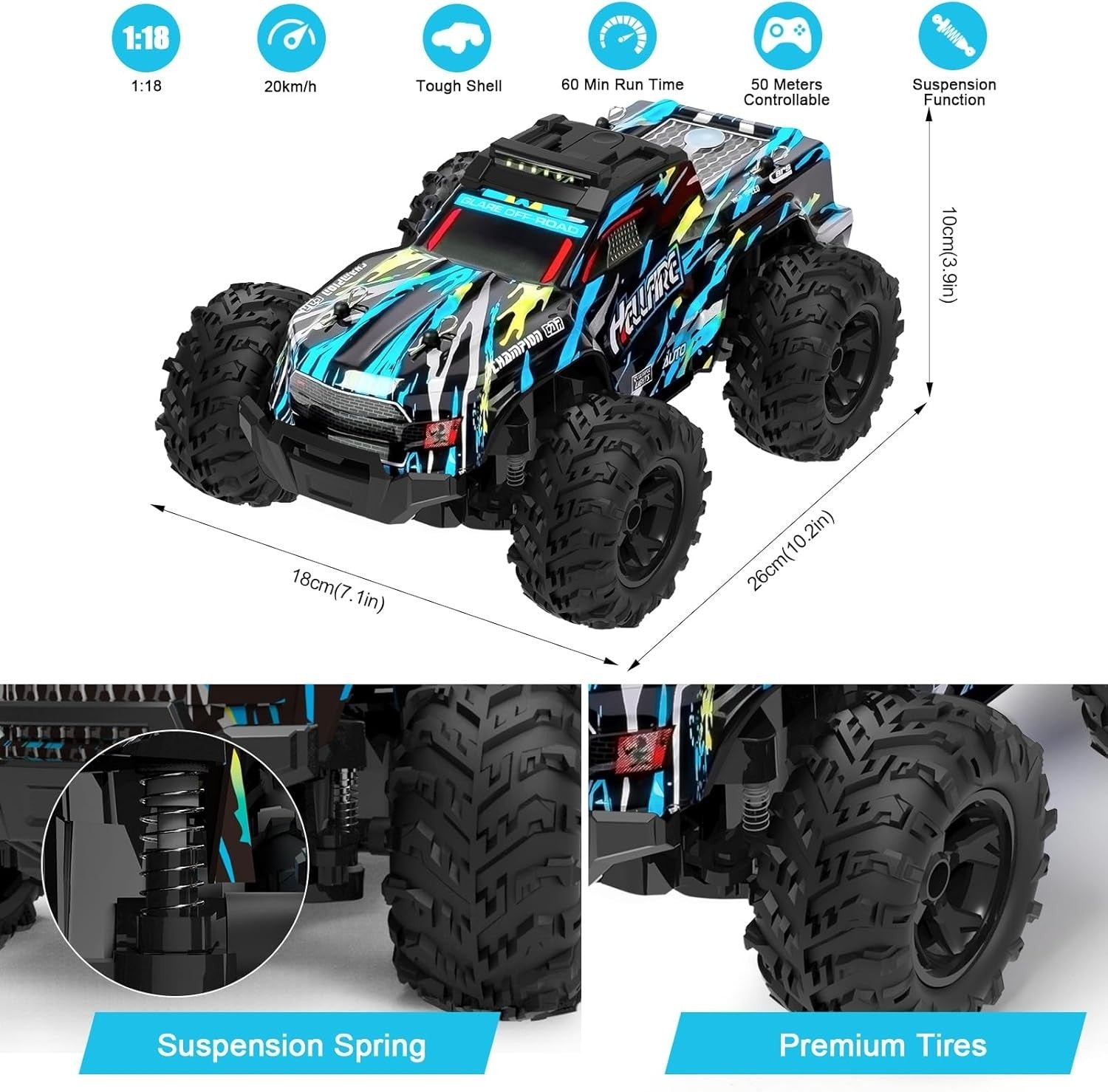 1:18 RC Car 22KM/H Off Road 4WD Waterproof Remote Control Truck Kids 5–12