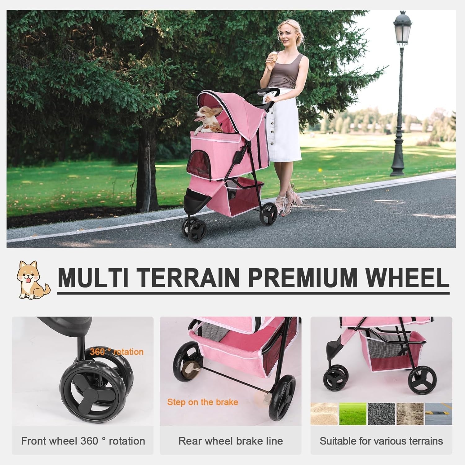 Pink Folding Pet Stroller Dog Cat Pushchair Storage Basket Easy Fold Wheels