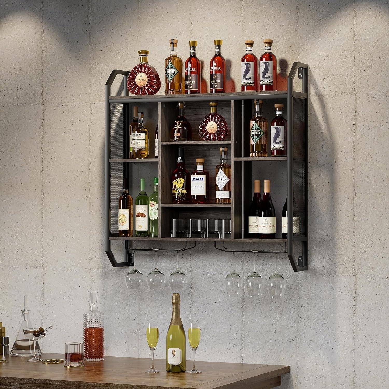 Wall Mounted LED Wine Rack Bar Shelf with Glass Holder Modern Metal Display