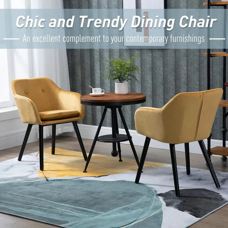 2x Yellow Velvet Dining Chairs Tub Seat with Arms Lounge Kitchen Chairs