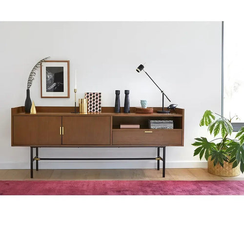 Vintage Walnut Sideboard with Drawer & Doors – Black Steel Legs 180cm