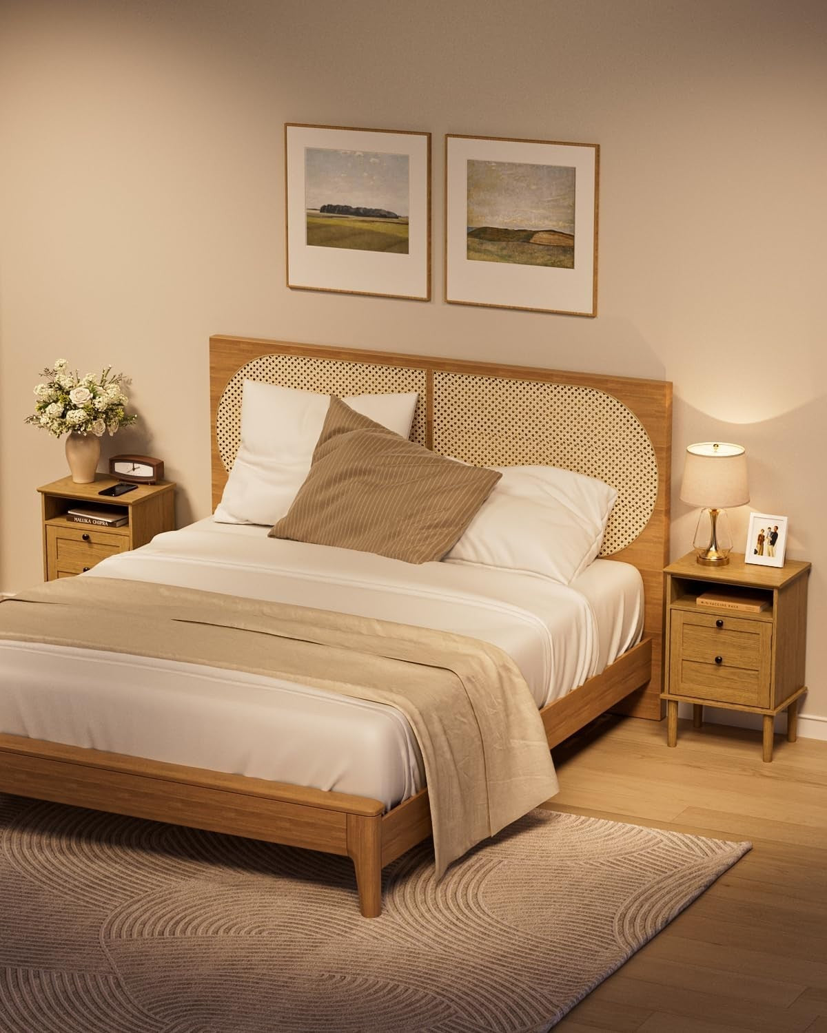 Light Oak Wooden Bedside Table with Door & Open Shelf | Modern Rustic Nightstand