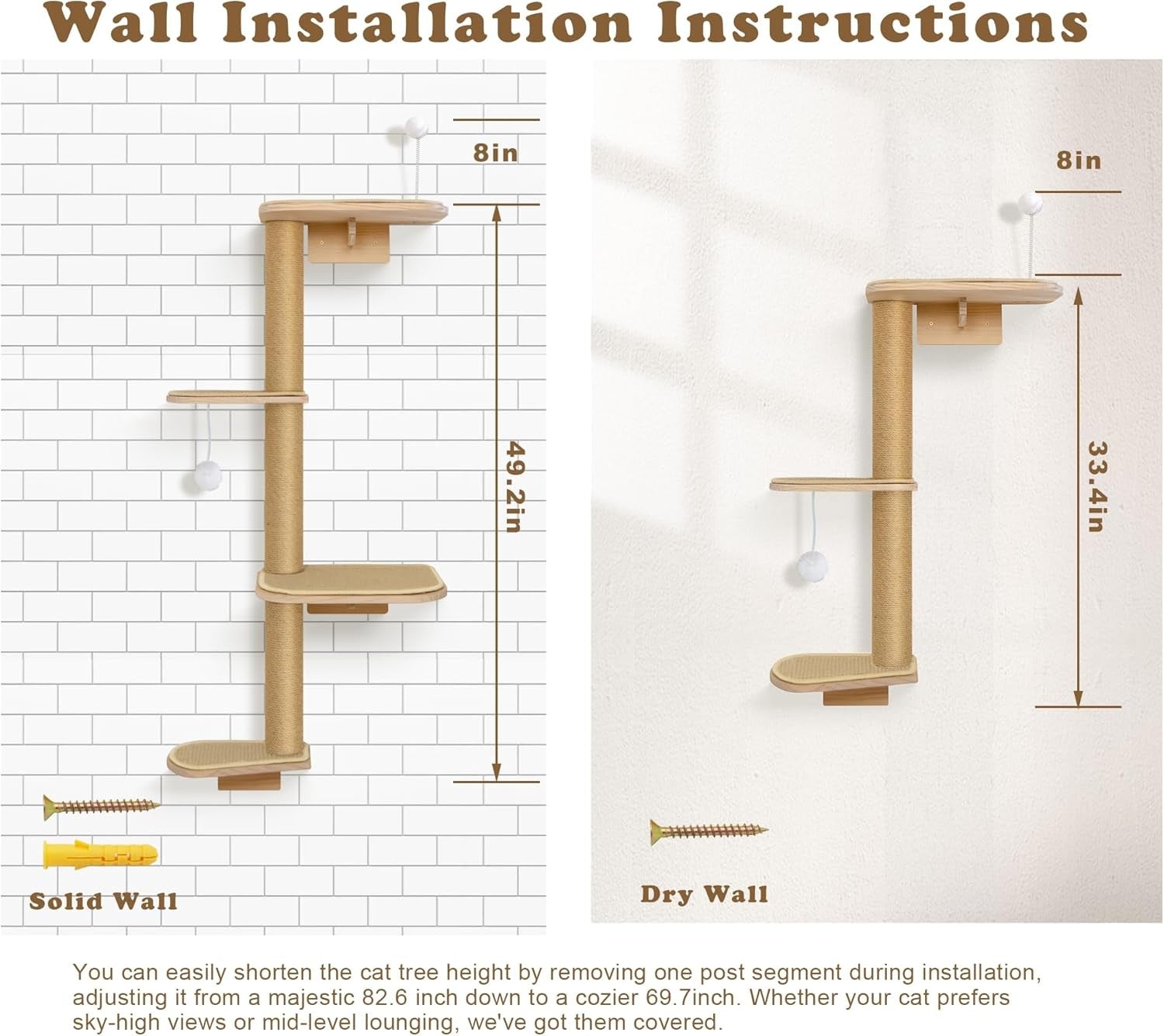 Wall Mounted Cat Tree 125cm 4 Tier Scratching Post Climbing Shelves