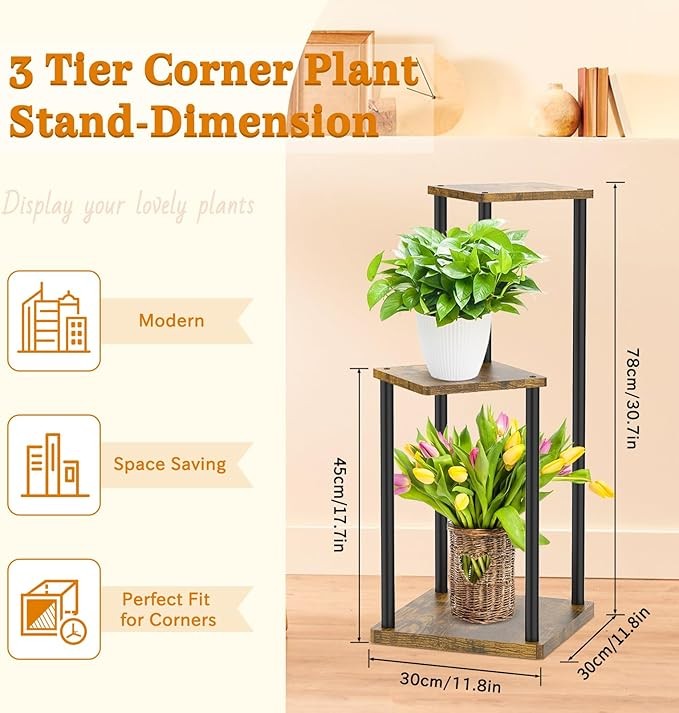 3 Tier Metal Wood Plant Stand Indoor Outdoor Corner Flower Display Rack Black