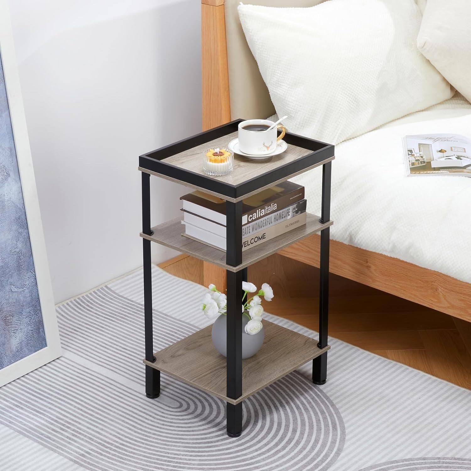 Slim 3 Tier Side Table Oak Small Narrow End Bedside Nightstand Storage