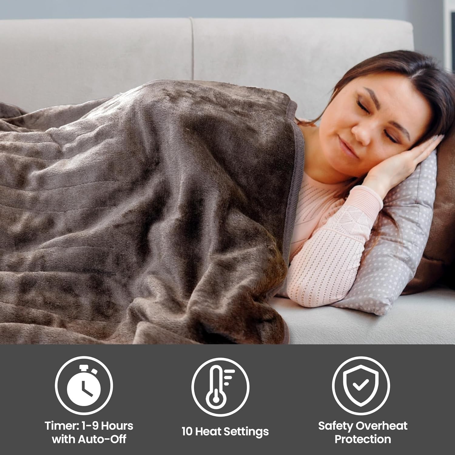 Electric Heated Throw Blanket 120x160cm Soft Fleece Timer 10 Heat Levels