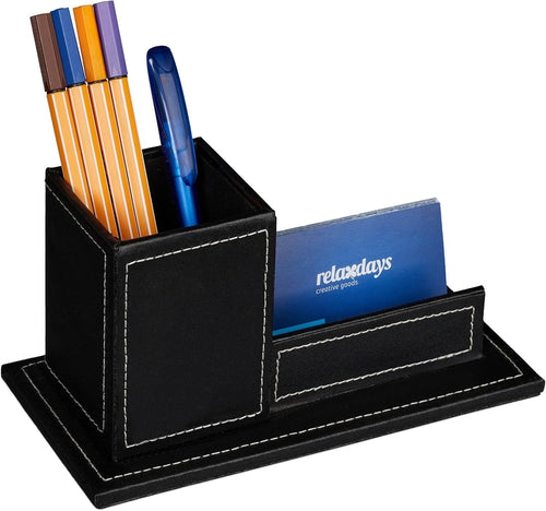 Compact Faux Leather Desk Organiser with Pen & Business Card Holder