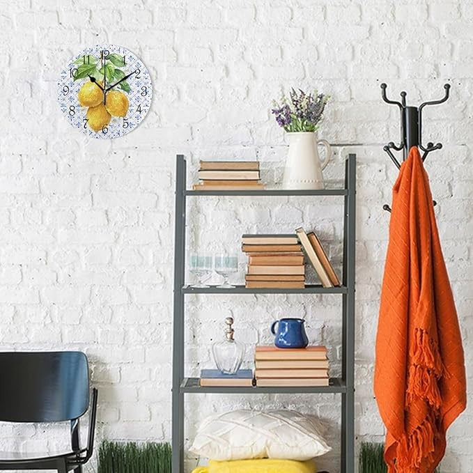Mediterranean Lemon Wall Clock 25cm Rustic Kitchen Decor Silent Non-Ticking
