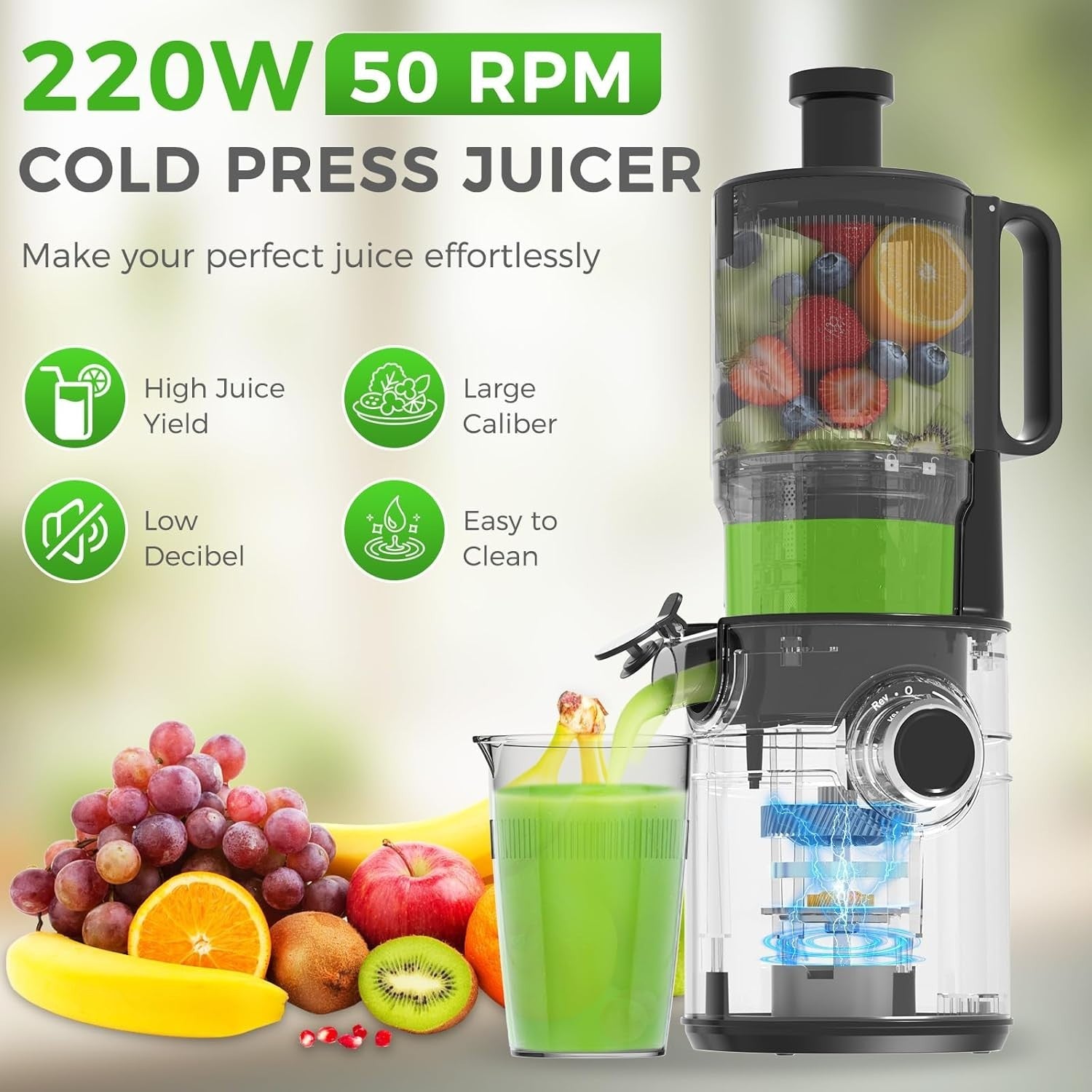Cold Press Juicer 5in Wide Feed Chute Whole Fruit High Yield Easy Clean