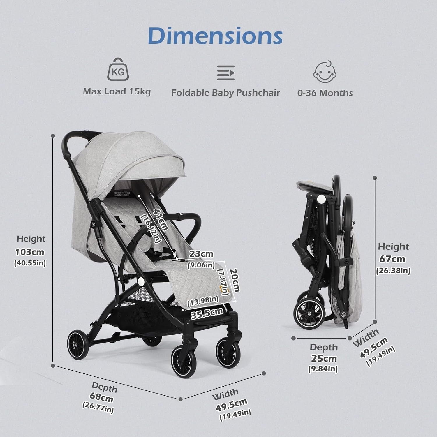 One-Hand Fold Baby Stroller Compact Travel Buggy Lightweight 0-15kg