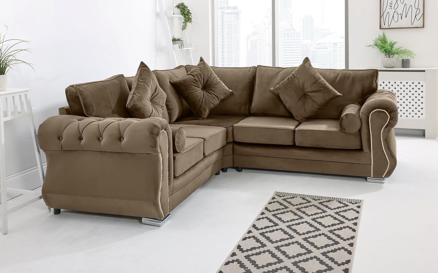Mink Velvet Corner Sofa 5 Seater Plush Fabric, Foam Cushions, Chrome Legs