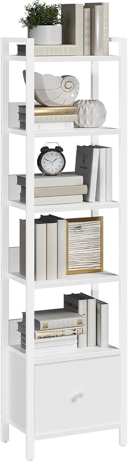 6 Tier Slim Bookshelf with Drawer Metal Frame Storage Rack for Small Spaces