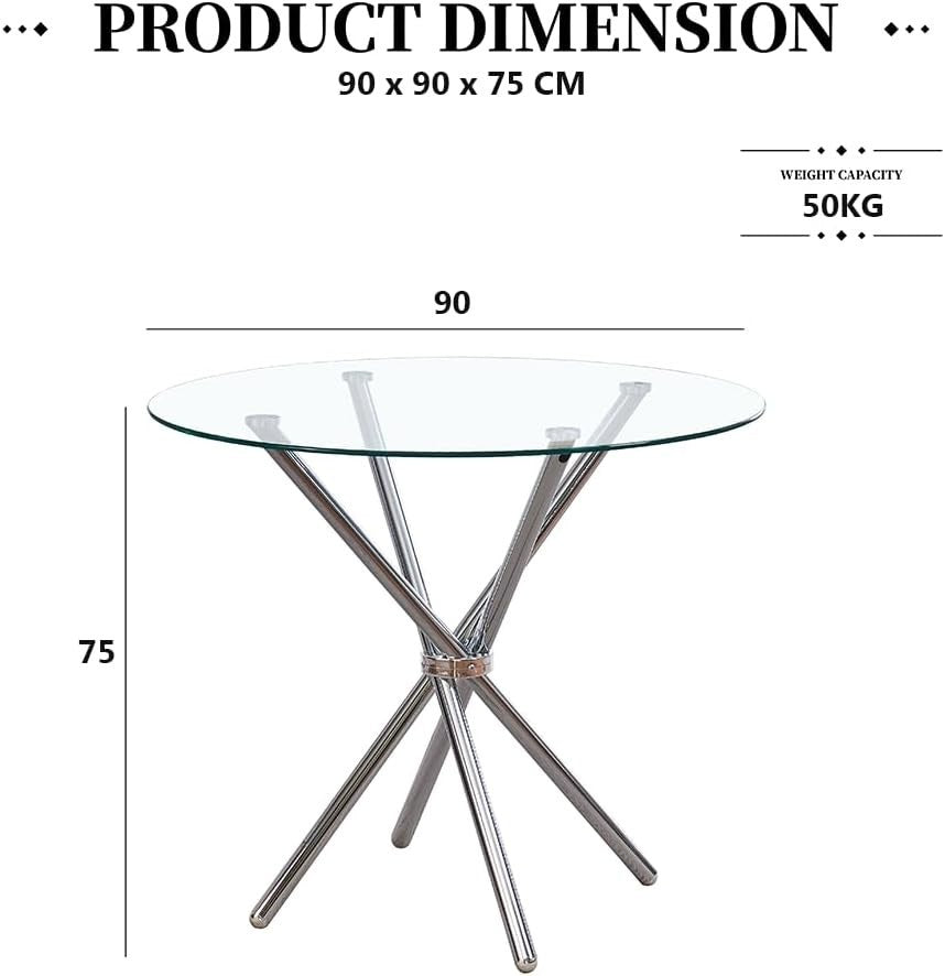 Round Glass Dining Table Set 4 Seater 90cm Silver Gray Faux Leather