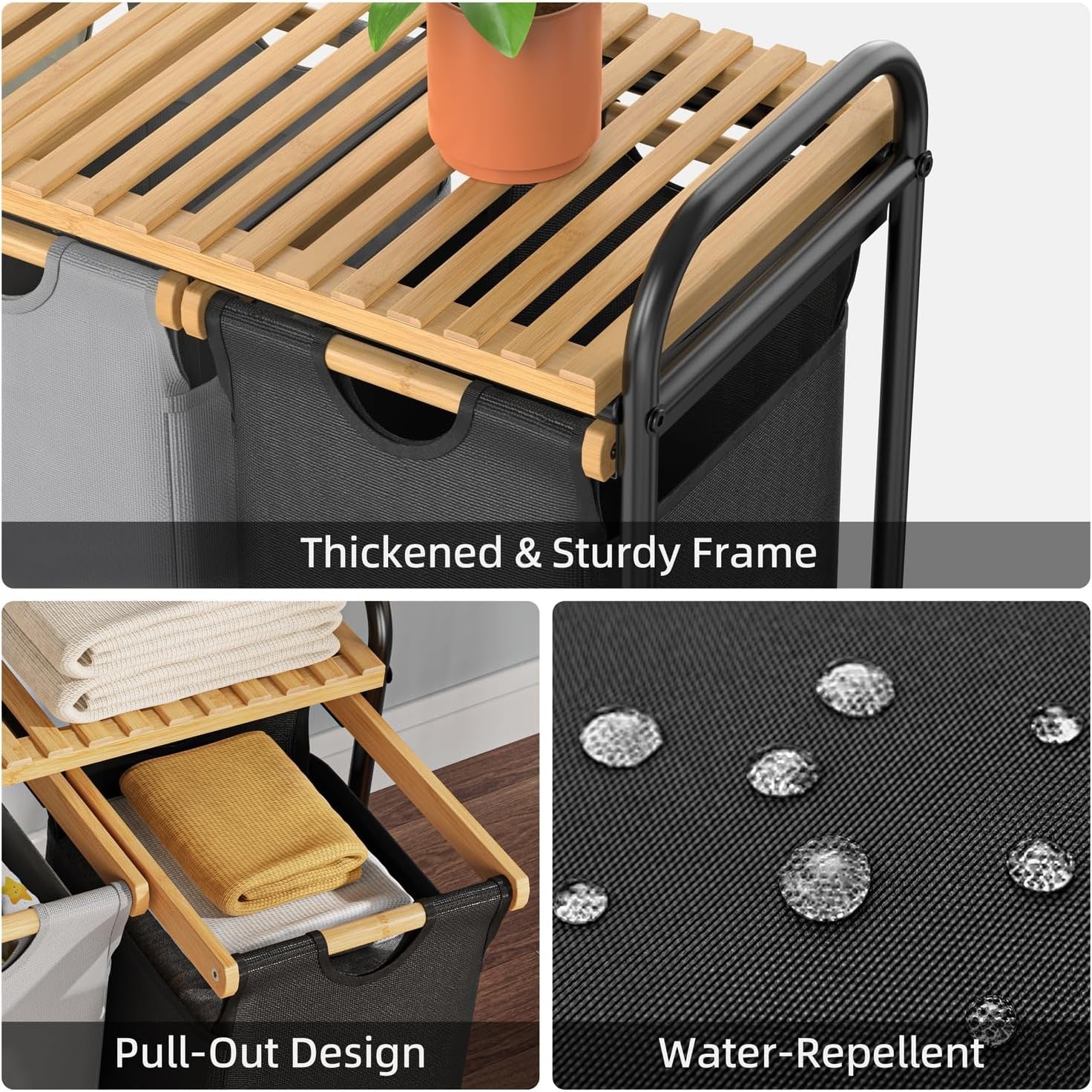 3-Section Laundry Sorter with Bamboo Shelf & Pull-Out Bags on Wheels – 3×40L