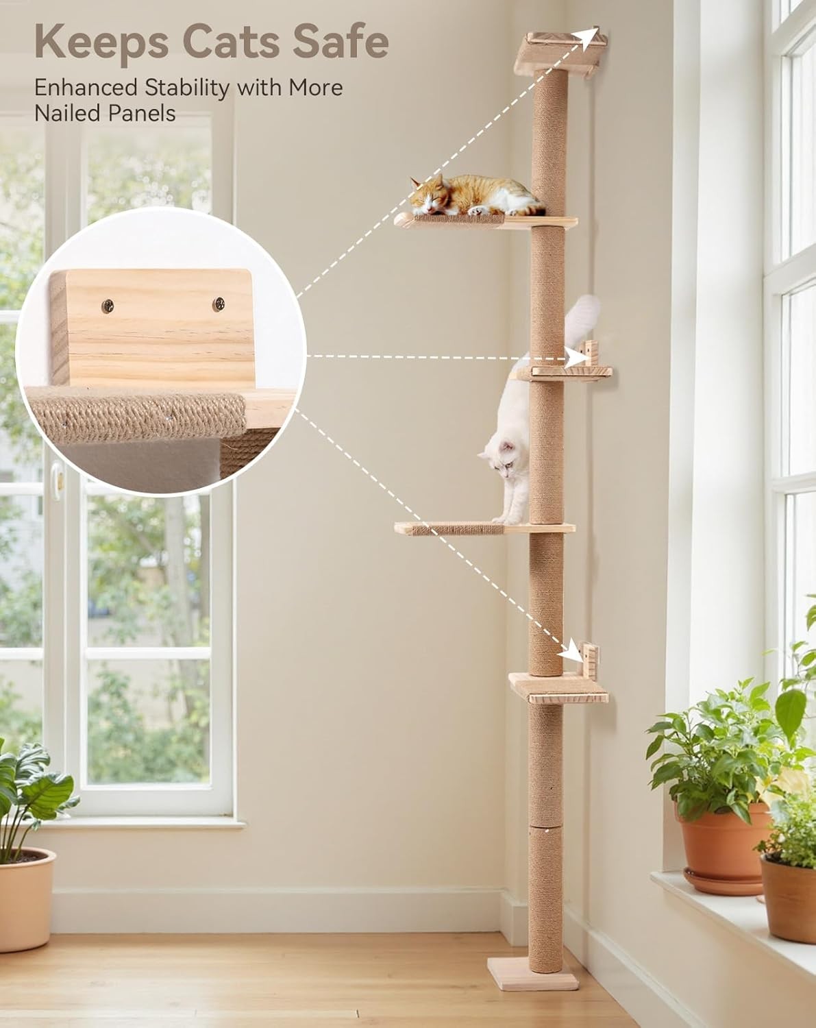 Floor to Ceiling Cat Tree 213cm Wall Mounted Scratching Post Shelves Tower