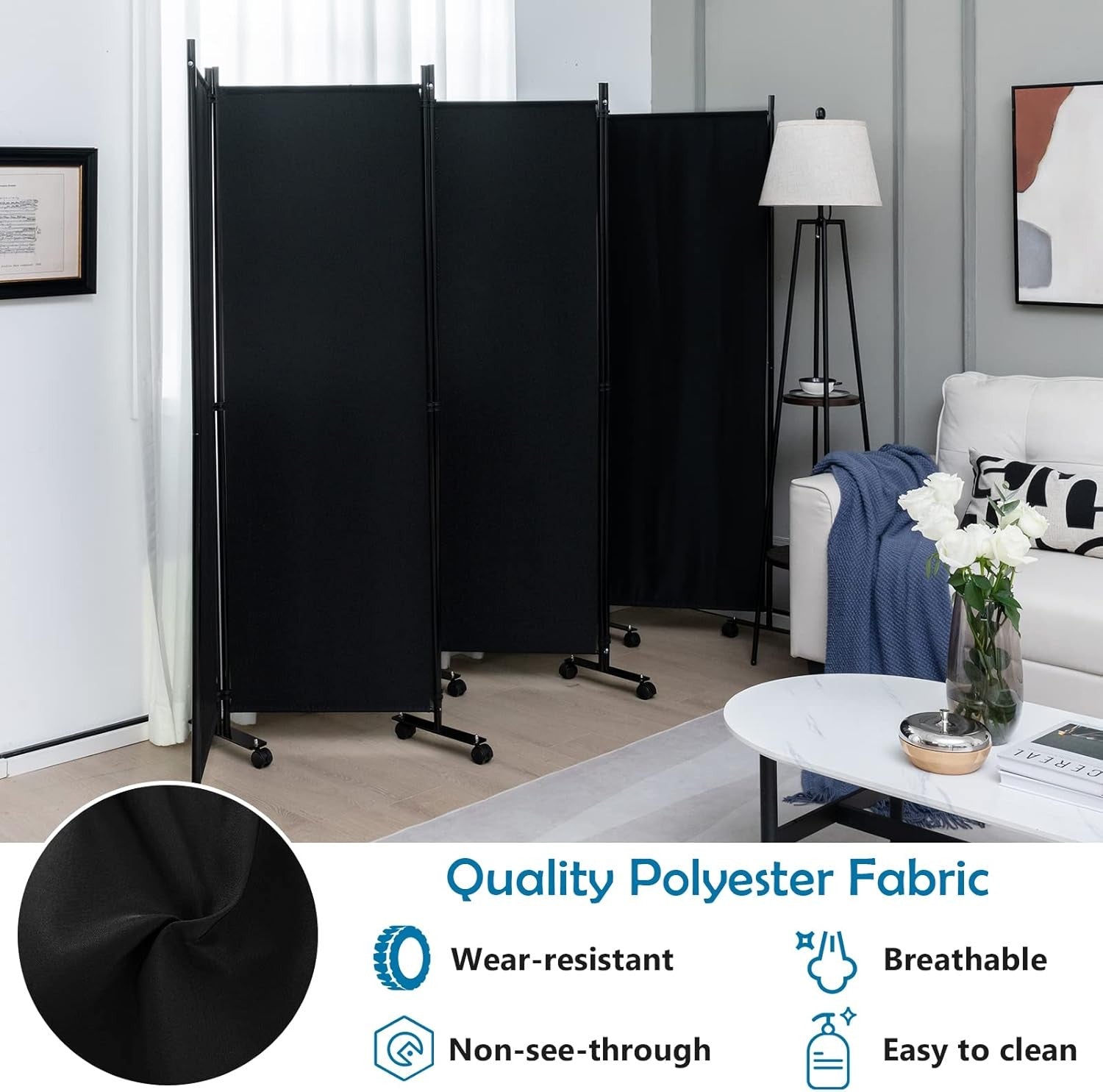 6 Panel Black Folding Room Divider Privacy Screen on Wheels for Home Office