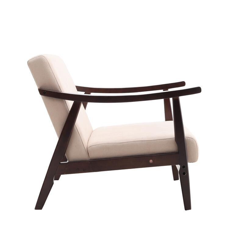 Mid-Century Beige Fabric Armchair Wooden Frame Accent Lounge Chair