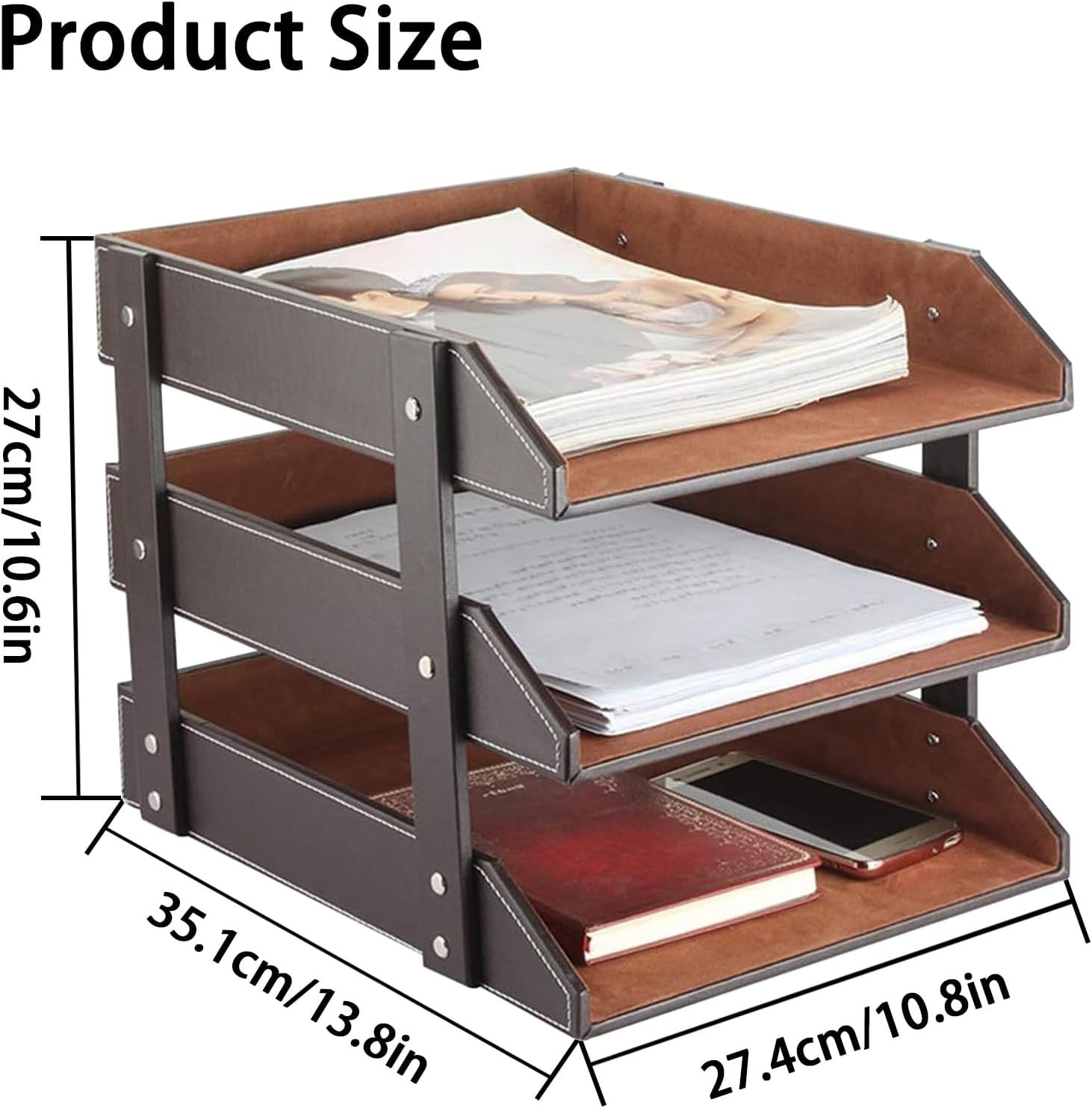 Luxury 3-Tier Leather Desk Organizer Tray for Documents, Magazines & Office