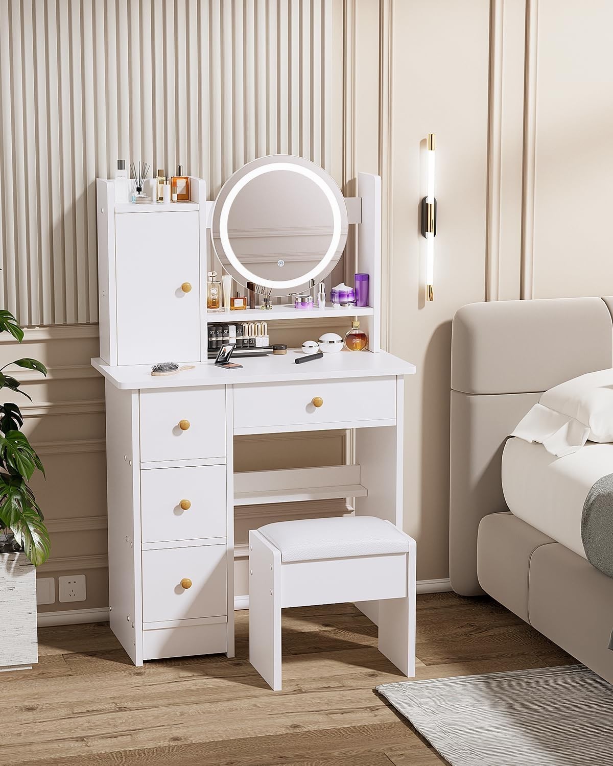 White Dressing Table Set Makeup Vanity w/ Round LED Light Mirror & Stool