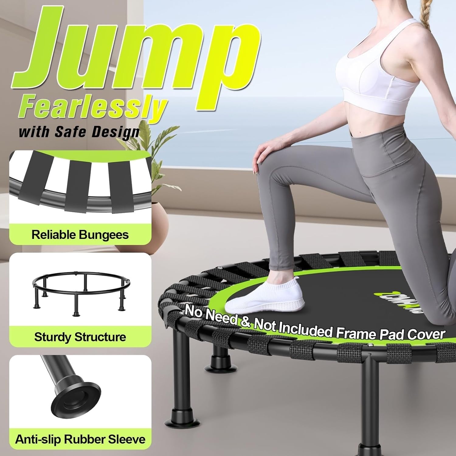 40in Foldable Rebounder Trampoline Indoor Fitness Adjustable Bar 440LBS