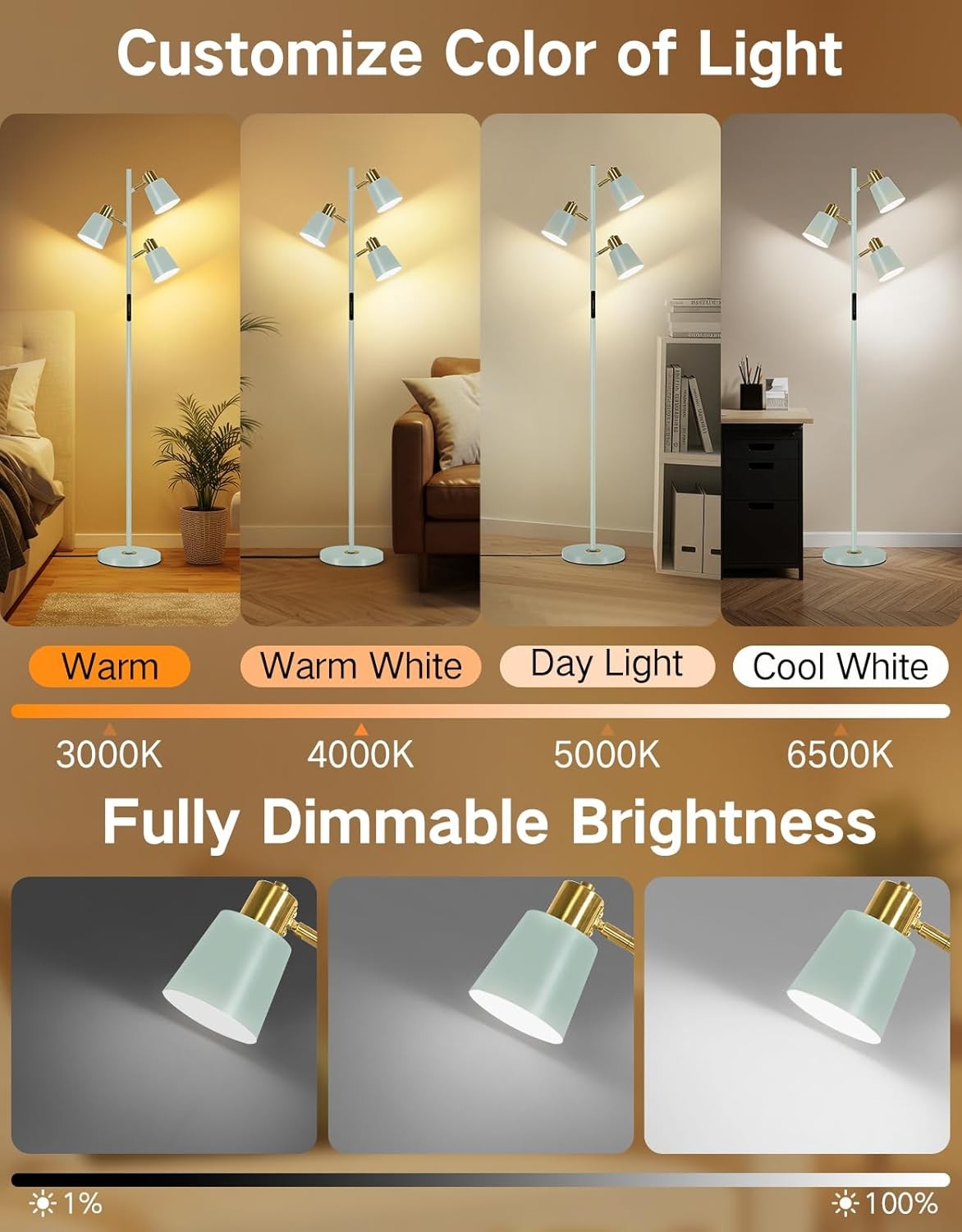 LED Tree Floor Lamp Dimmable Remote Touch 3 Head Adjustable Light