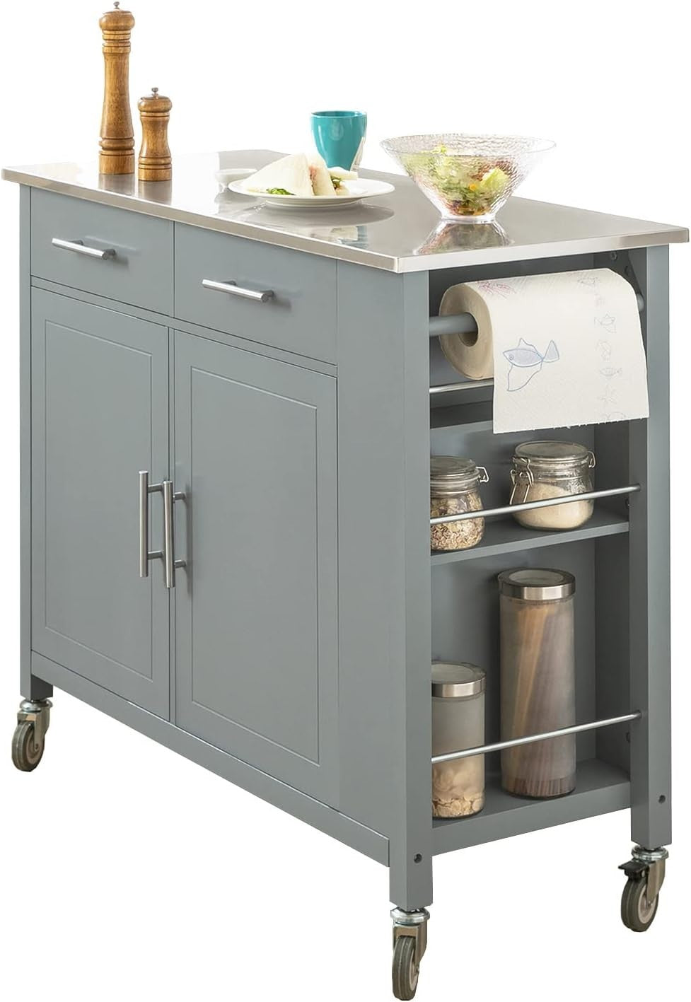 Rolling Kitchen Island Trolley Cart Grey with Drawers & Steel Top 107x46x94cm