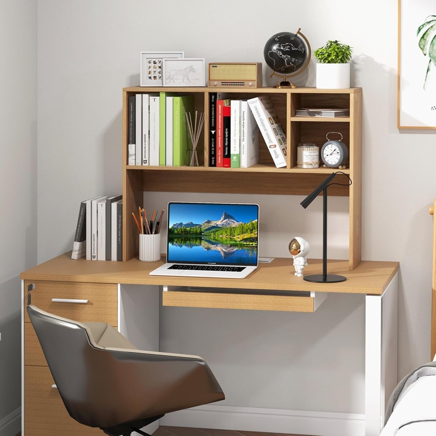 Natural Desktop Bookshelf Hutch 4-Shelf Countertop Storage Rack Monitor