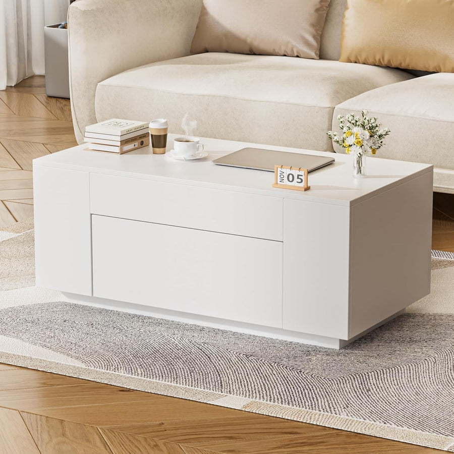 White Coffee Table with Hidden Storage Drawer – Modern 98x50cm Living Room