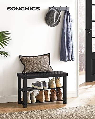 Black Bamboo Shoe Bench with 3-Tier Storage | Entryway & Hallway Seat