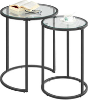 Nesting Round Side Tables Set of 2 Black Tempered Glass Metal End Coffee Sofa