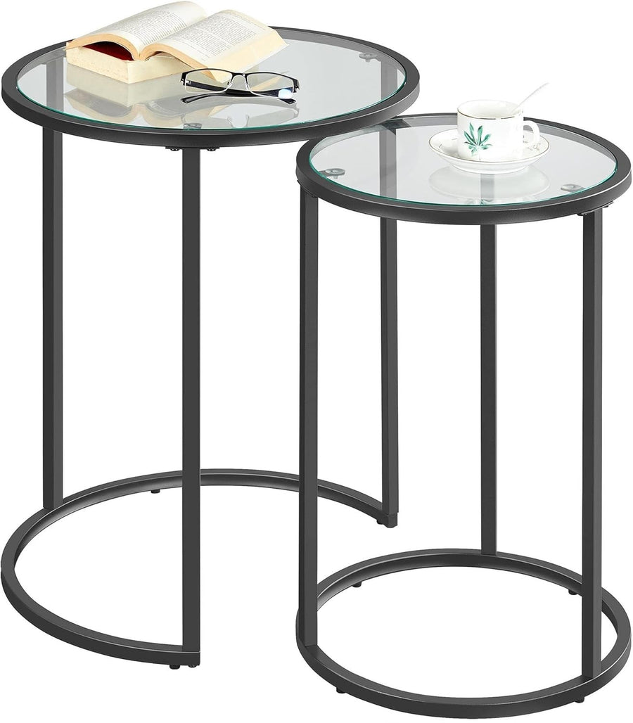 Nesting Round Side Tables Set of 2 Black Tempered Glass Metal End Coffee Sofa