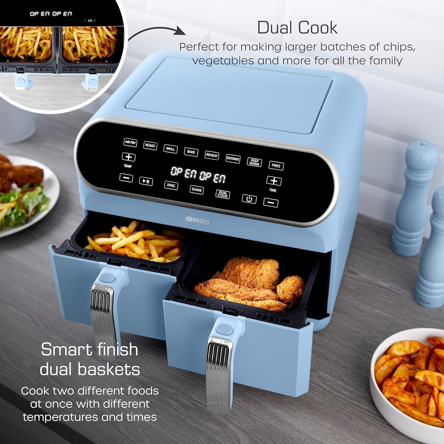 8L Dual Basket Air Fryer 1700W | Retro Blue 8 Presets Healthy Oil-Free Cooking